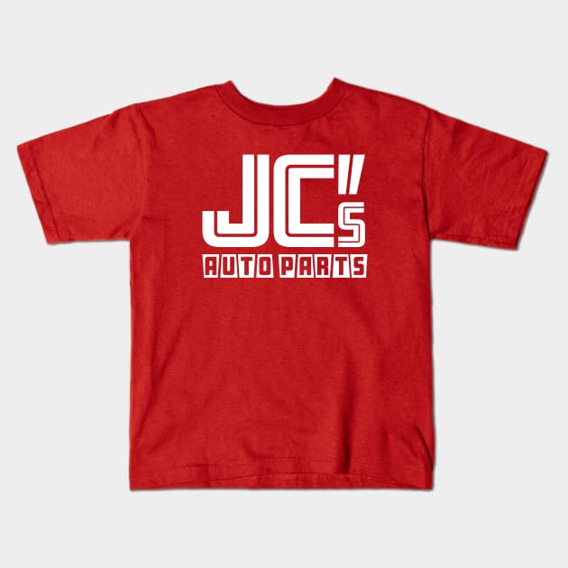 JC Auto Parts - (Double-Sided - White on Solid Color) Kids T-Shirt by jepegdesign